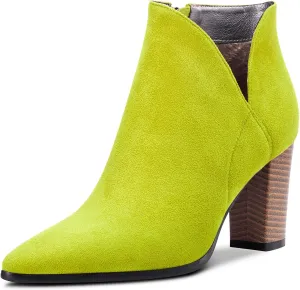 DearOnly Womens Short Bootie Ankle Boots Pointed Toe Block Chunky High Heel Suede Dress Shoes Vintage Classic Zipper 3 Inch