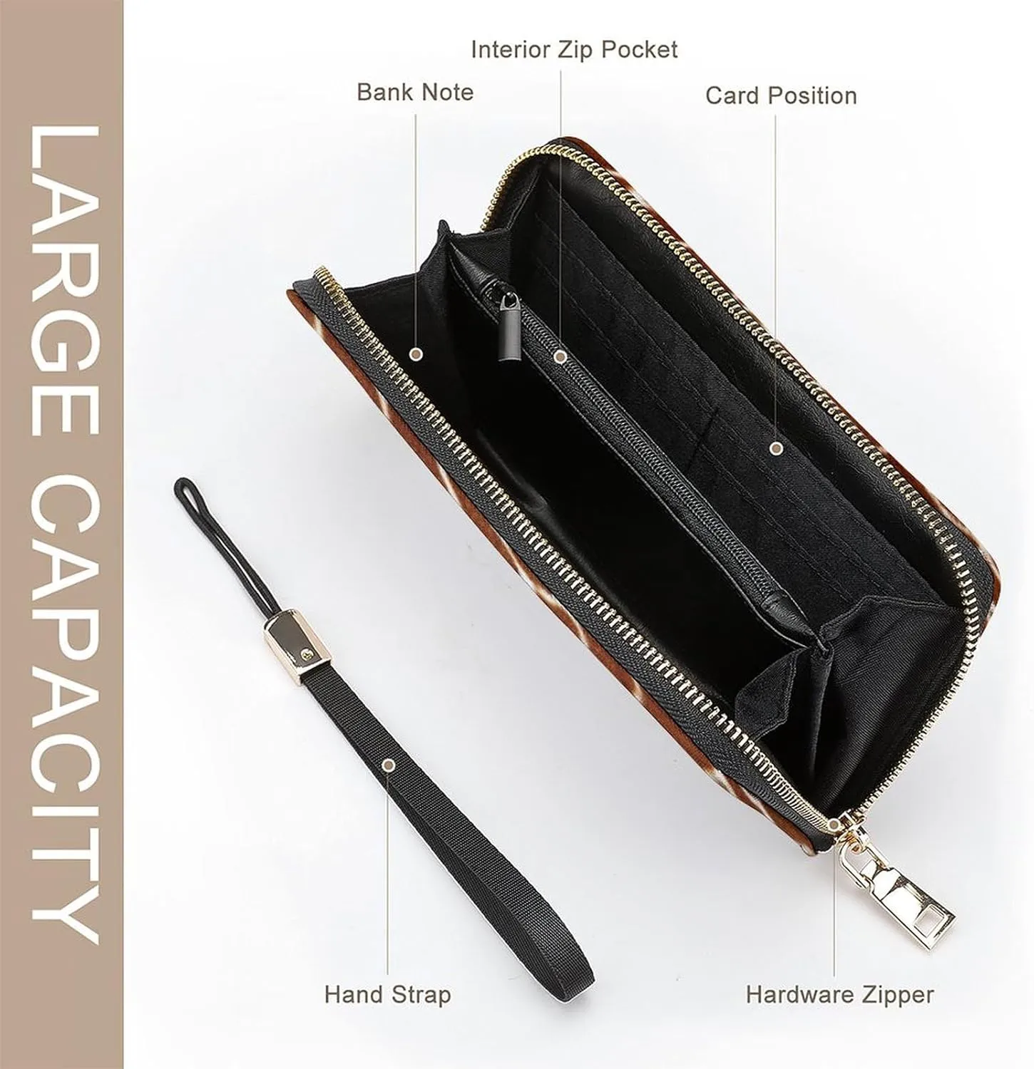 Deer Leopard Pattern Women's Leather Long Large Capacity Wallet Clutch Wallet with Hand Strap, 20x10.5cm, style-18-3