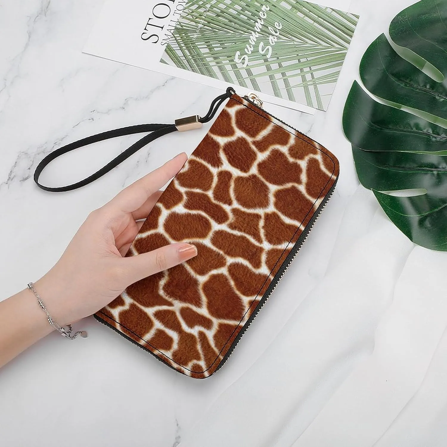 Deer Leopard Pattern Women's Leather Long Large Capacity Wallet Clutch Wallet with Hand Strap, 20x10.5cm, style-18-3