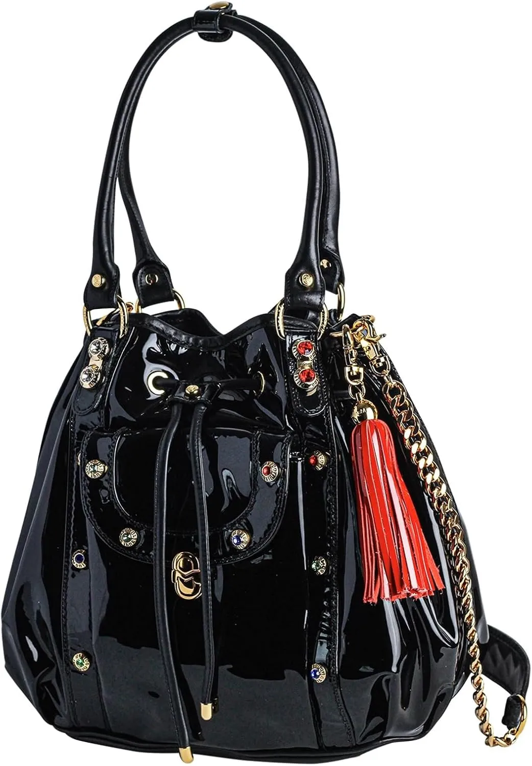 Designer Bucket Bag Purse Onyx Patent Leather Drawstring Tote Italian Handbag