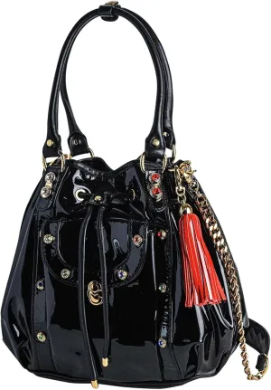 Designer Bucket Bag Purse Onyx Patent Leather Drawstring Tote Italian Handbag