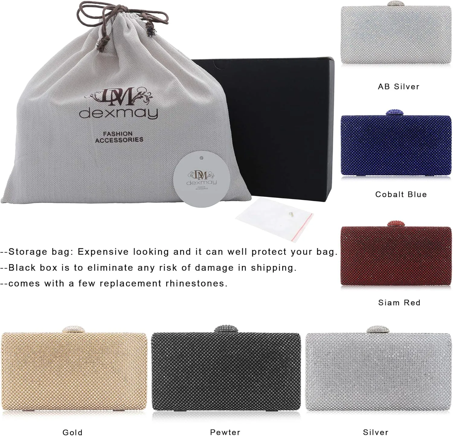 Dexmay Large Rhinestone Purse with Crystal Clasp Evening Clutch Bag Formal Party Handbag