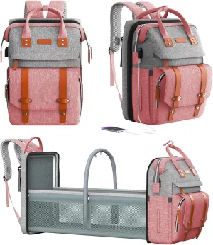 Diaper Bag Backpack with Changing Station, Large Diaper Bag, Multifunctional Diaper Bag, Baby Bag, PinkGray