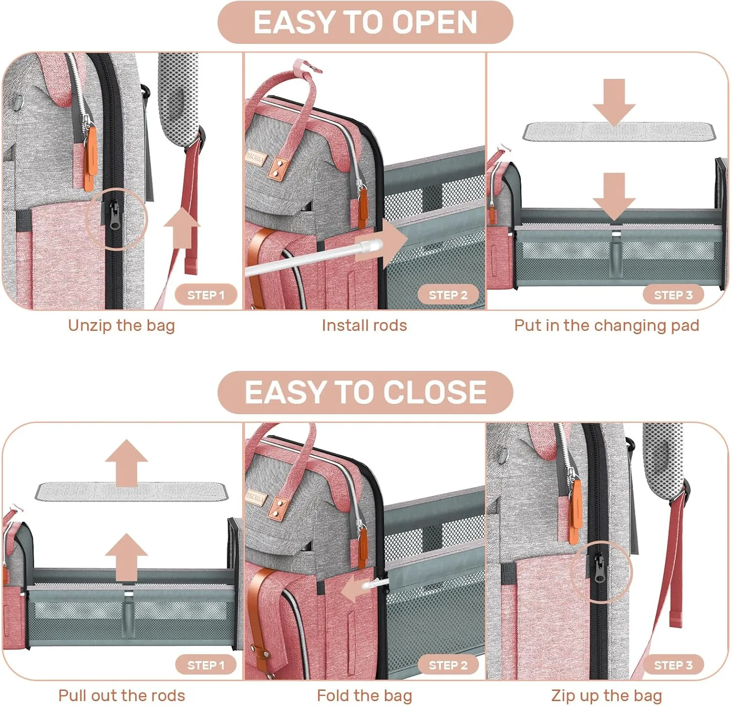 Diaper Bag Backpack with Changing Station, Large Diaper Bag, Multifunctional Diaper Bag, Baby Bag, PinkGray