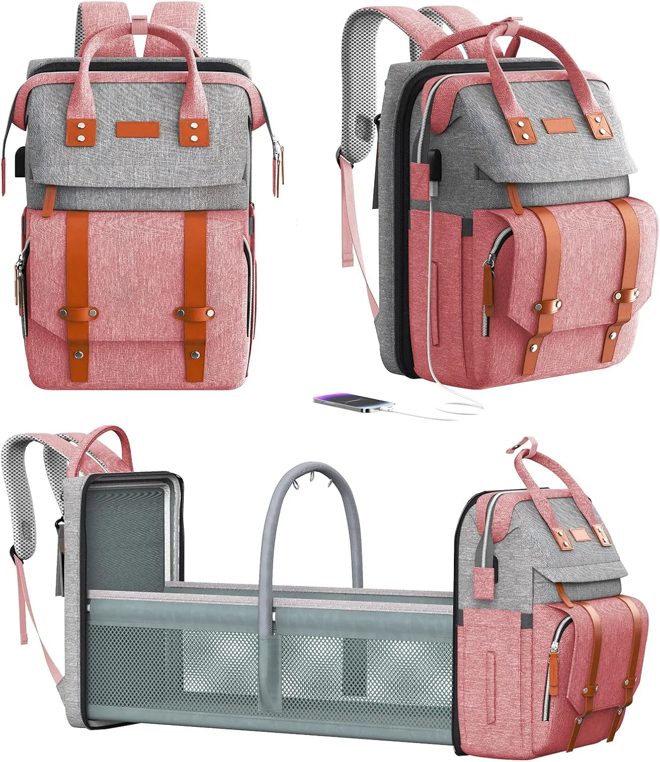 Diaper Bag Backpack with Changing Station, Large Diaper Bag, Multifunctional Diaper Bag, Baby Bag, PinkGray