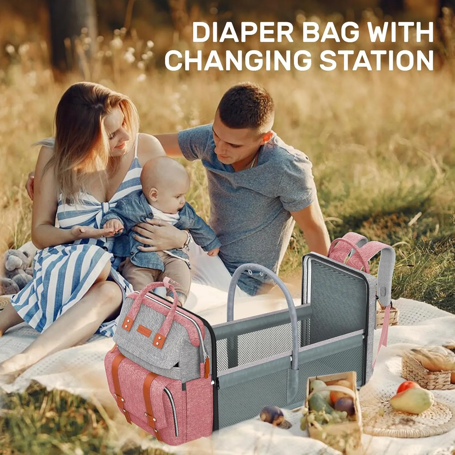 Diaper Bag Backpack with Changing Station, Large Diaper Bag, Multifunctional Diaper Bag, Baby Bag, PinkGray