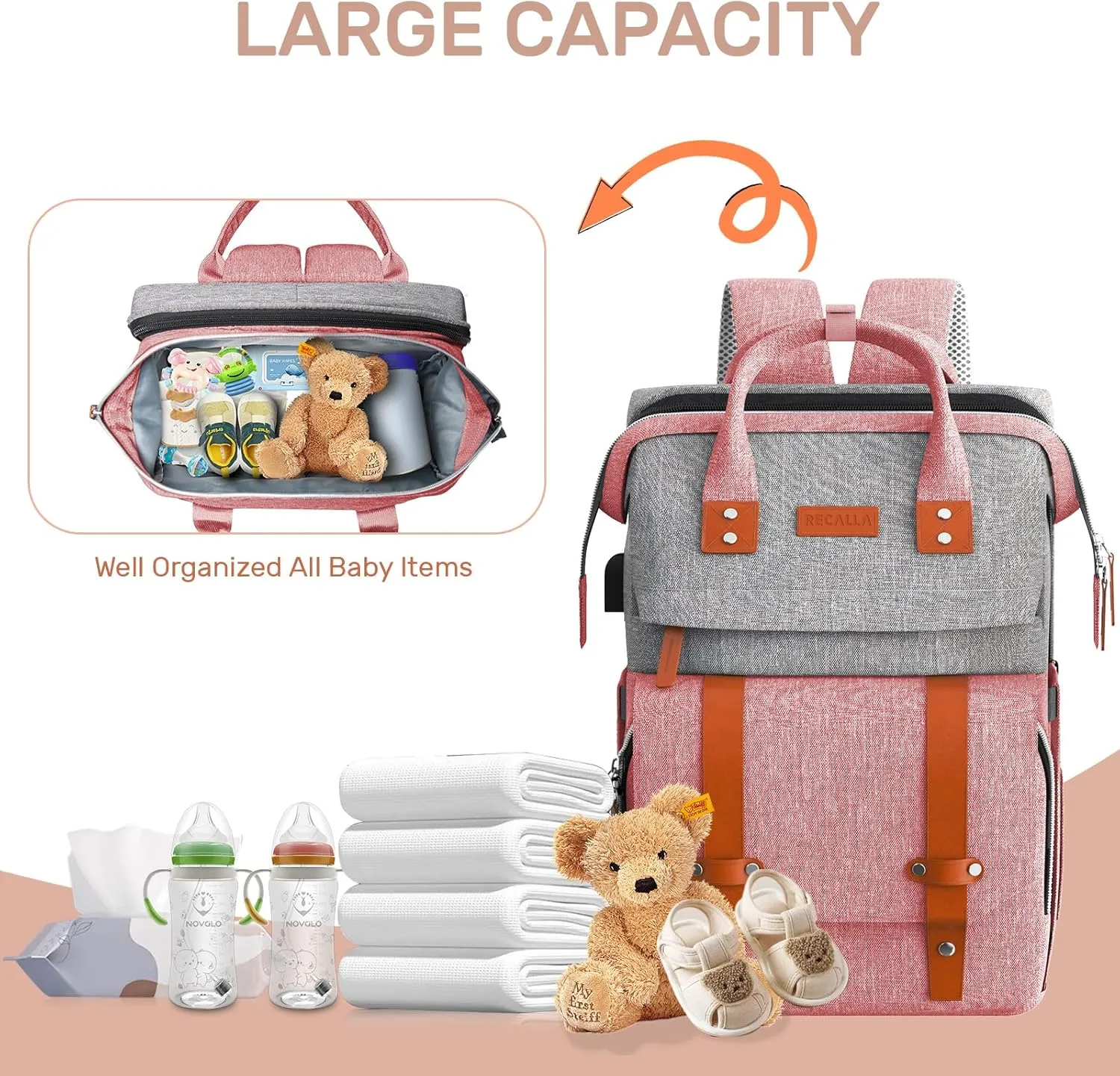 Diaper Bag Backpack with Changing Station, Large Diaper Bag, Multifunctional Diaper Bag, Baby Bag, PinkGray