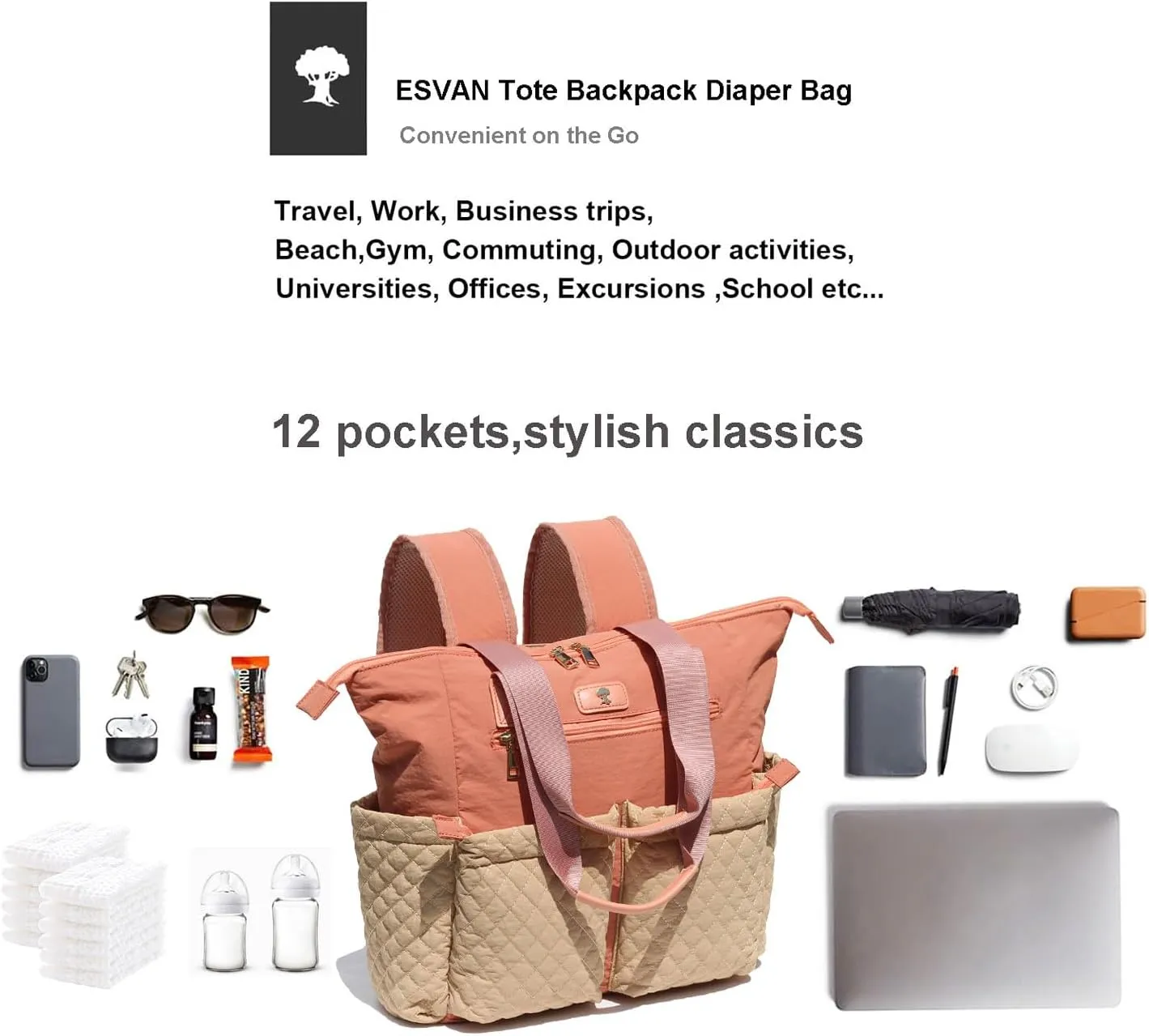 Diaper Tote Bag Totepack Backpack 2 in 1 for Women Multifunctional Large Capacity with Insulated Pockets Travel