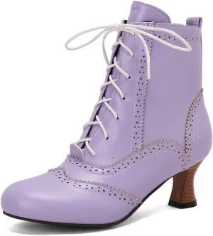 DINTAHA Vintage Victorian Boots Low Kitten Heel Booties Lace Up Booties Gothic Witch Dress Boots