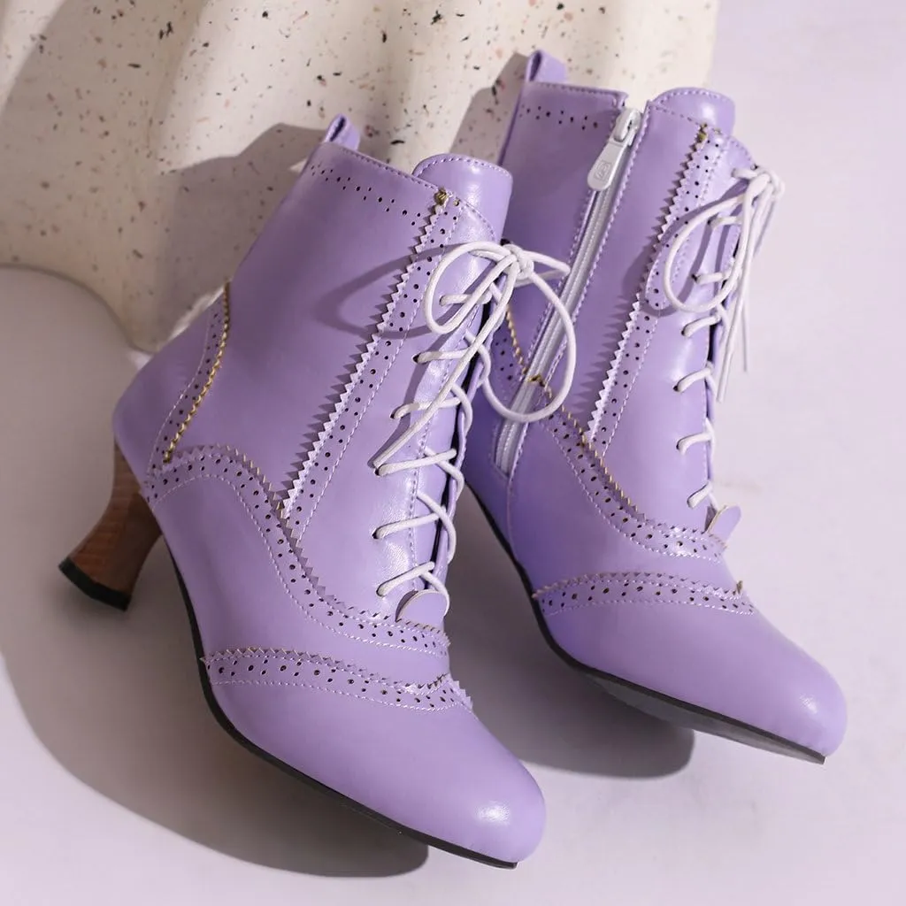 DINTAHA Vintage Victorian Boots Low Kitten Heel Booties Lace Up Booties Gothic Witch Dress Boots