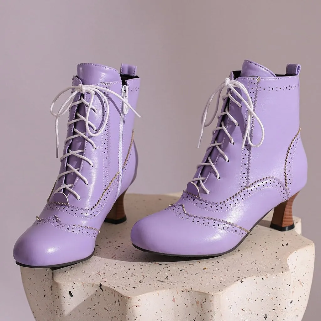 DINTAHA Vintage Victorian Boots Low Kitten Heel Booties Lace Up Booties Gothic Witch Dress Boots