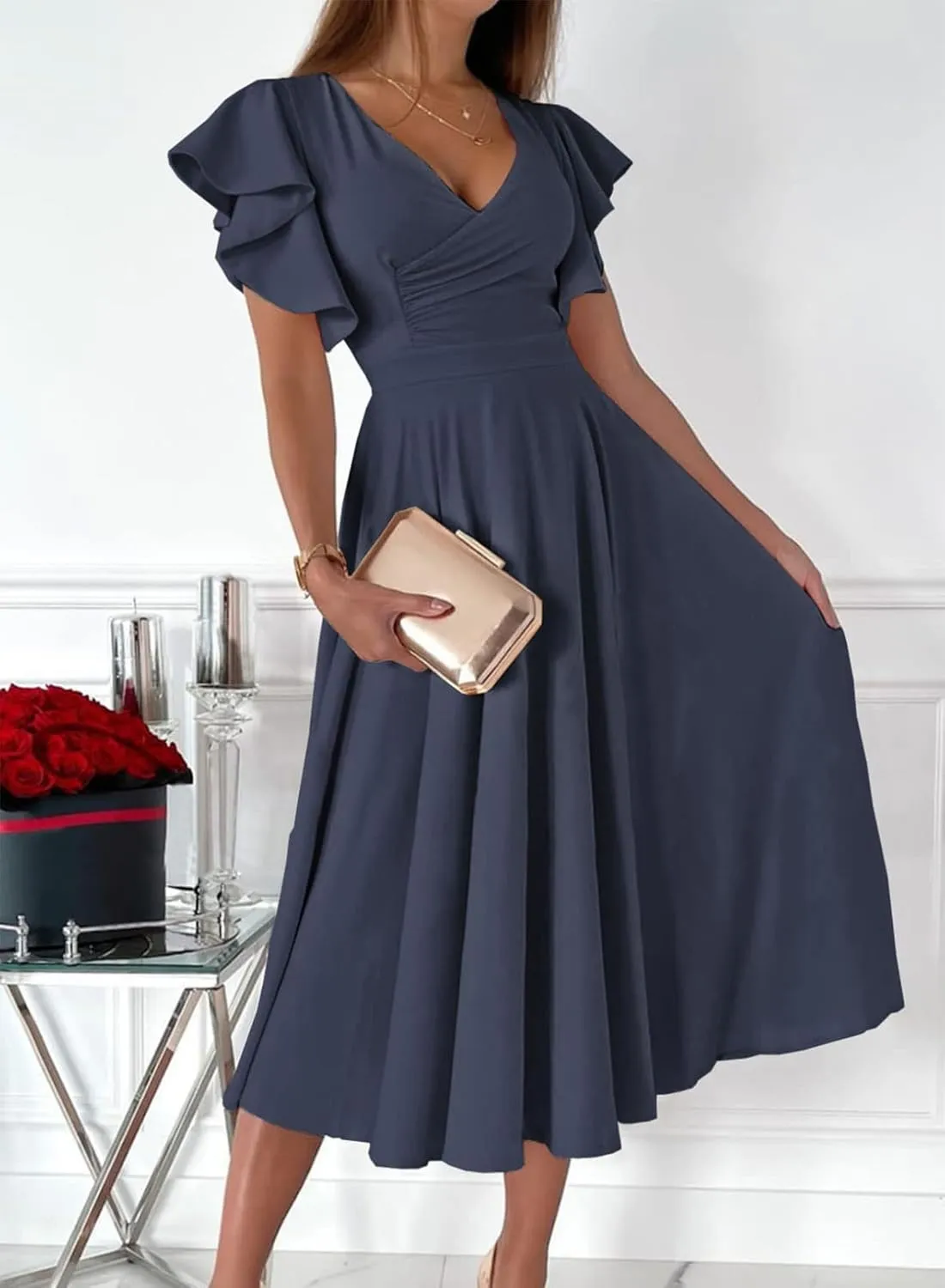 Dokotoo Women's V Neck Elegant Party Dress Short Sleeve Skater Dress Wedding Guest Dresses