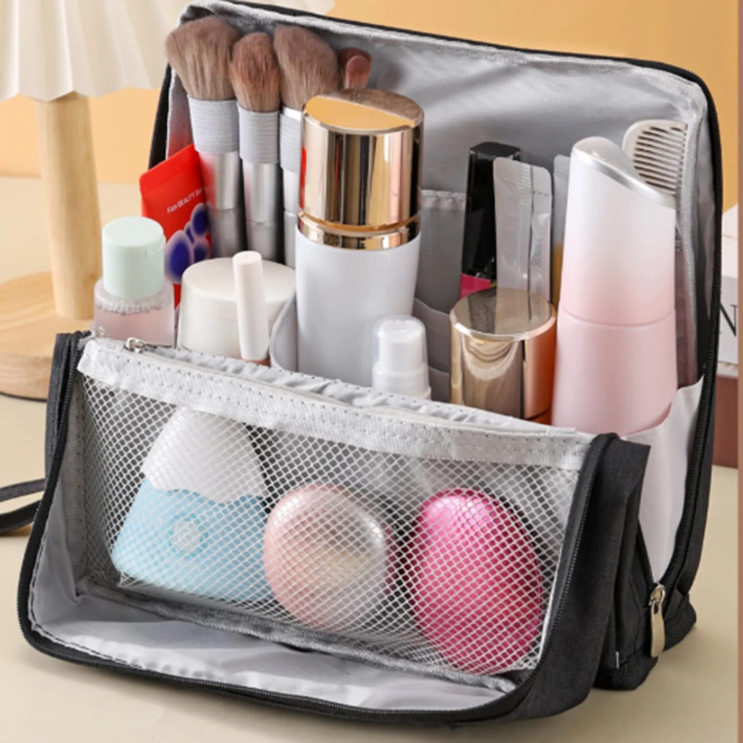 Doresty Makeup Bag, Doresty Standing Makeup Bag, Portable, Large Capacity, Vertical Large Opening Waterproof Multifunctional Stand Up Bags With Compartments (B)