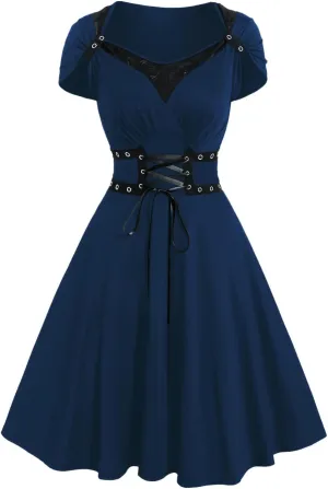DRESSFO Gothic Vintage Victorian Vampire Retro Solid Grommet Lace Up High Waisted Mini Dress