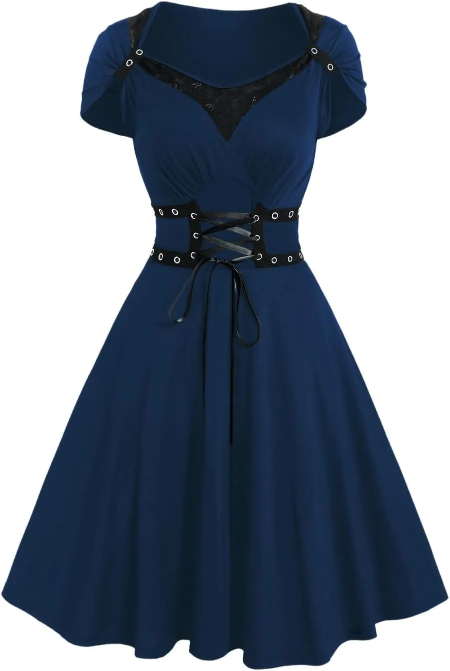 DRESSFO Gothic Vintage Victorian Vampire Retro Solid Grommet Lace Up High Waisted Mini Dress