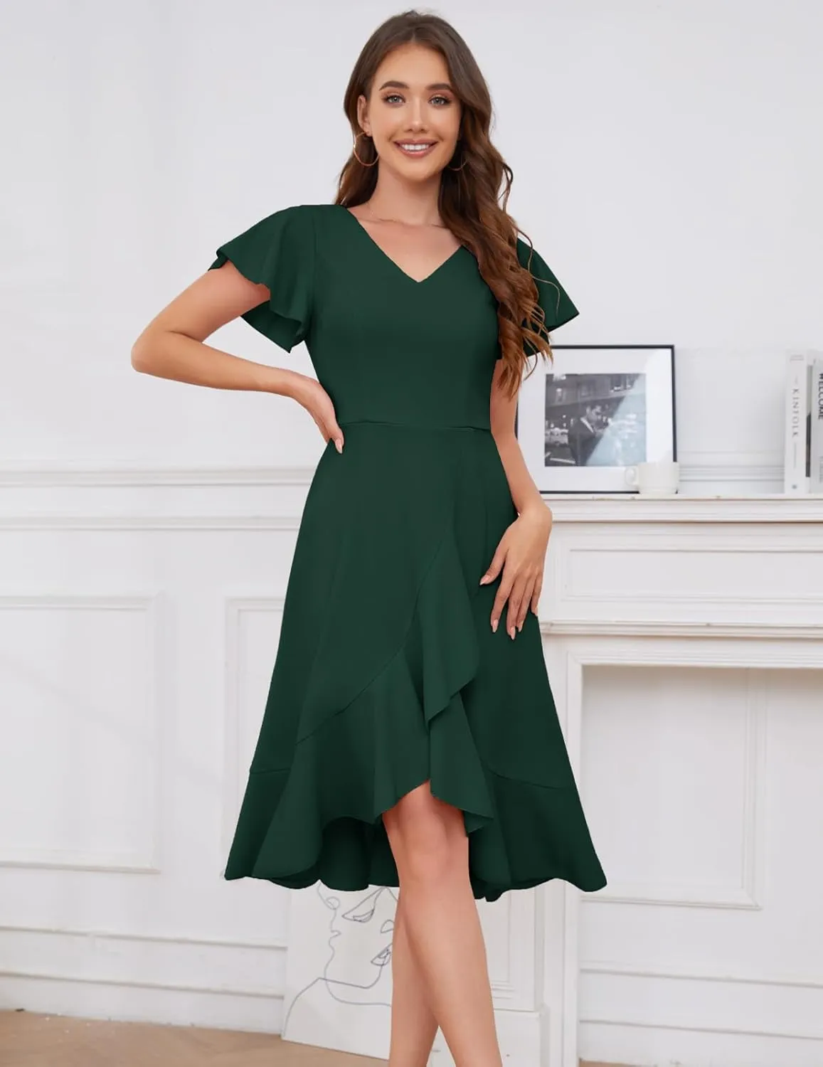DRESSTELLS Women's Cocktail Dresses 2025, Formal Wedding Guest Ruffle Prom Evening Dress V-Neck Vintage Maxi Dress