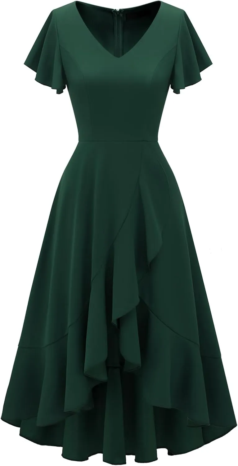 DRESSTELLS Women's Cocktail Dresses 2025, Formal Wedding Guest Ruffle Prom Evening Dress V-Neck Vintage Maxi Dress