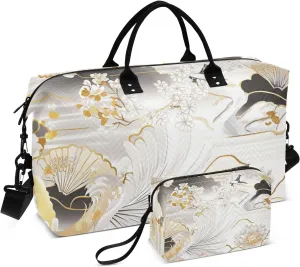 Duffel Bag Shoulder Weekender Overnight Bag Large Gym Bag with Toiletry Bag for Sports Multifunctional White Gold Vintage Japanese Crane