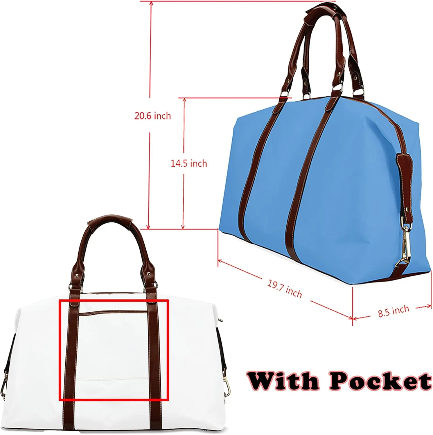 Duffel Weekender Overnight Travel Carry on Bags Blue Sport Bag Gym Tote with Pocket for Women