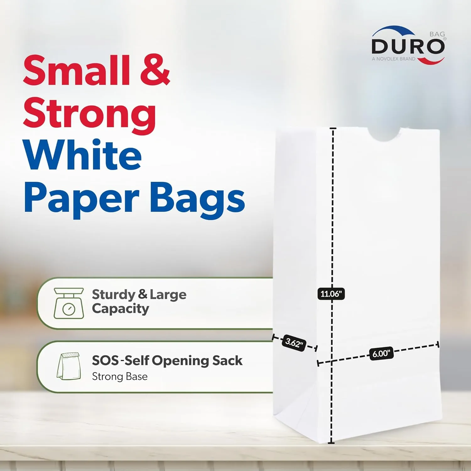 Duro 6# White Paper Bags 100-Count, Bulk Disposable Paper Lunch Sacks, SOS Bags for Popcorn, Candy, Snacks & Treats - 6.00 x3.62 x 11.06 Inches
