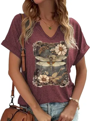 Earlymemb Womens Vintage Flowers V Neck Shirt Boho Floral Wildflowers Graphic Tee Casual Cottagecore Short Sleeve T Shirt