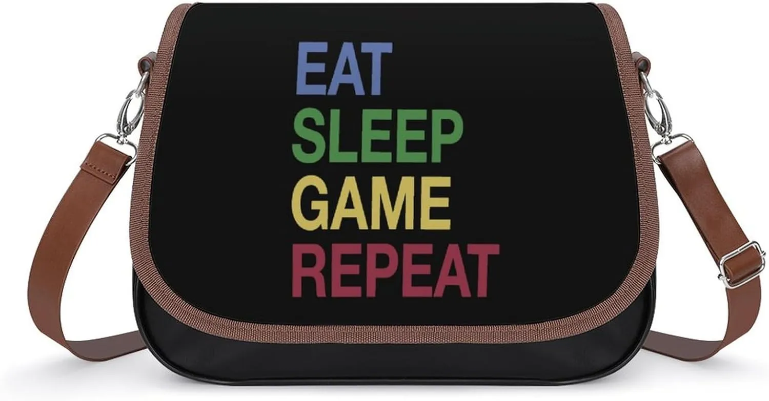 Eat Sleep Game Cute Crossbody Purses for Women Leather Shoulder Bag Adjustable Shoulder Strap Handbag