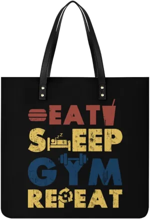Eat Sleep GYM Leather Tote Bags Casual Shoulder Handbag Purses Portable Shopping Bag for Men Women