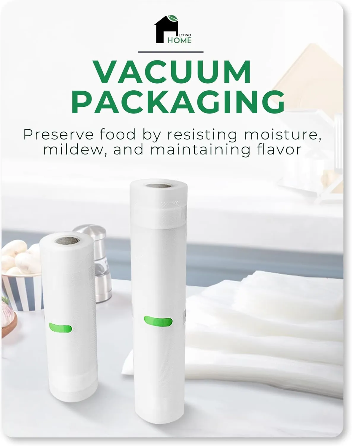 EconoHome Heavy Duty Vacuum Seal Bags for Food - Commercial-Grade, Airtight & Leakproof Plastic Vacuum Storage Bags for Sous Vide, Meal Preparation, Processing & Dry Aging Meat - 11"x20' Roll, 6 Pack