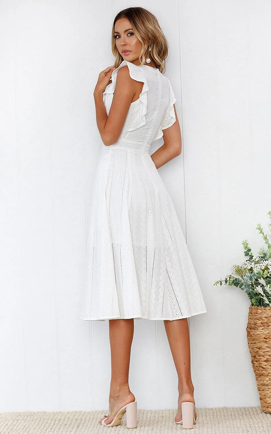 ECOWISH Women's Summer Dresses 2025 Elegant Lady Wedding Guest Cocktail Ruffle Cap Sleeves A-Line Office Midi Dress