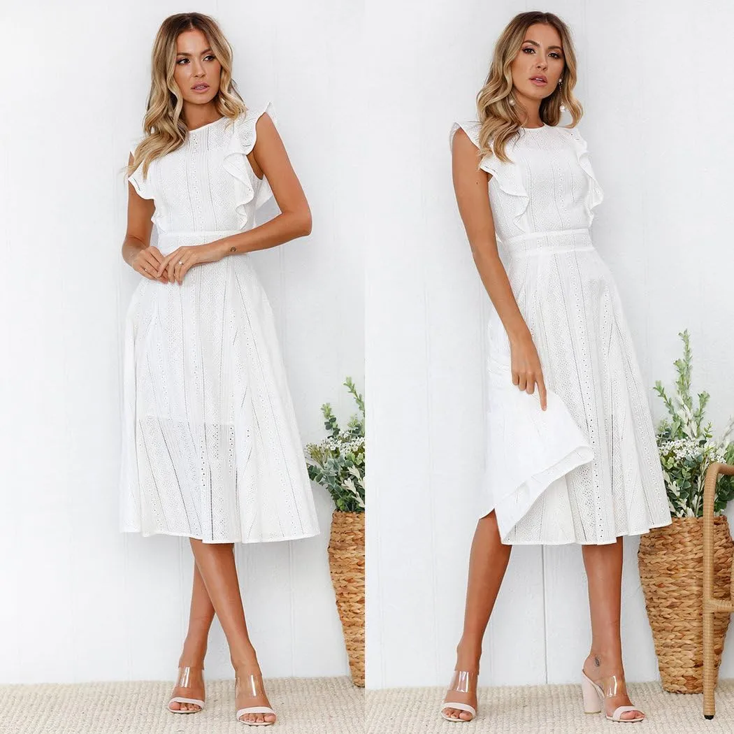 ECOWISH Women's Summer Dresses 2025 Elegant Lady Wedding Guest Cocktail Ruffle Cap Sleeves A-Line Office Midi Dress