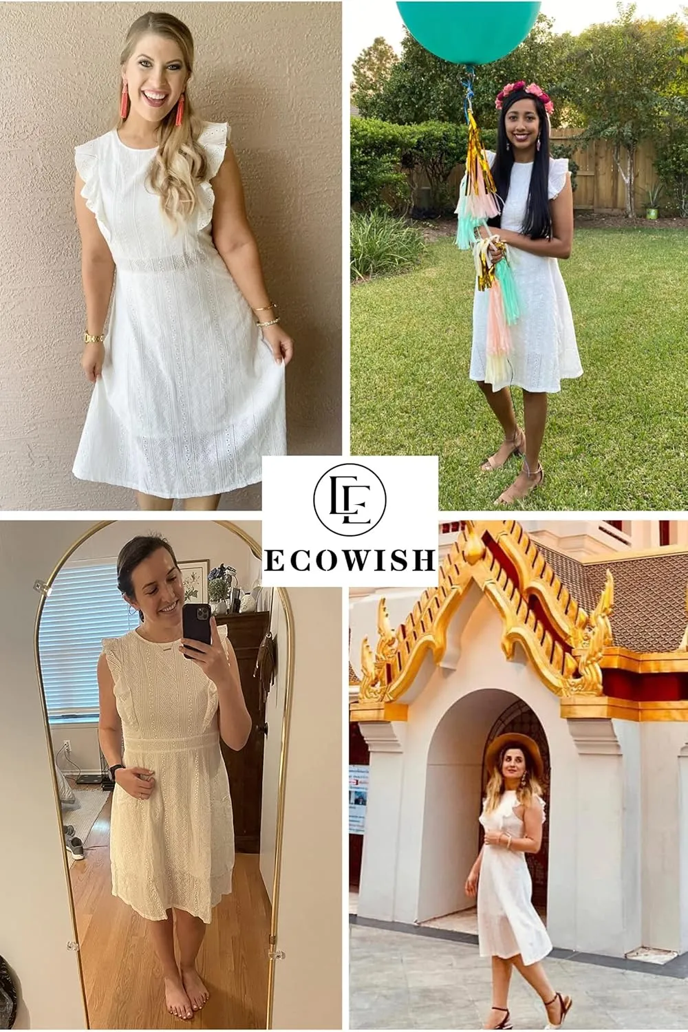 ECOWISH Women's Summer Dresses 2025 Elegant Lady Wedding Guest Cocktail Ruffle Cap Sleeves A-Line Office Midi Dress