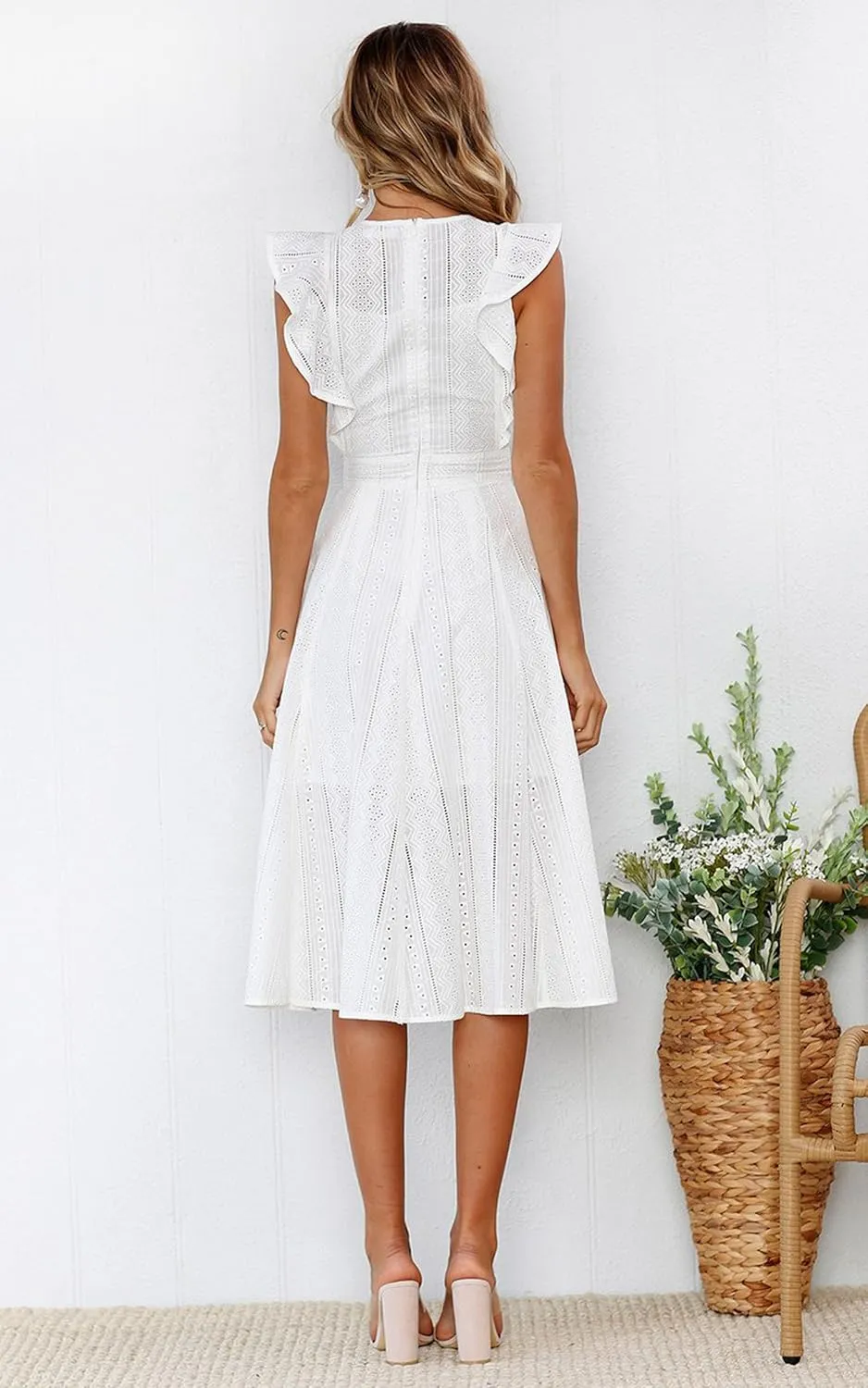ECOWISH Women's Summer Dresses 2025 Elegant Lady Wedding Guest Cocktail Ruffle Cap Sleeves A-Line Office Midi Dress