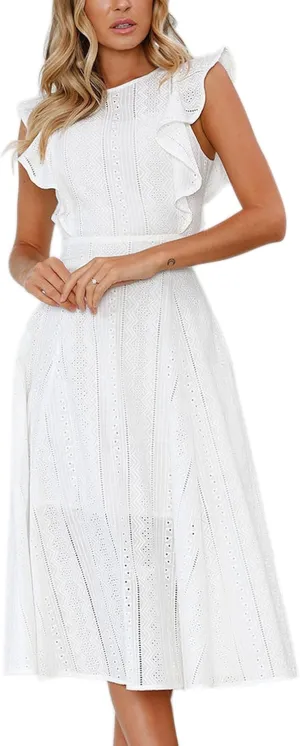 ECOWISH Women's Summer Dresses 2025 Elegant Lady Wedding Guest Cocktail Ruffle Cap Sleeves A-Line Office Midi Dress