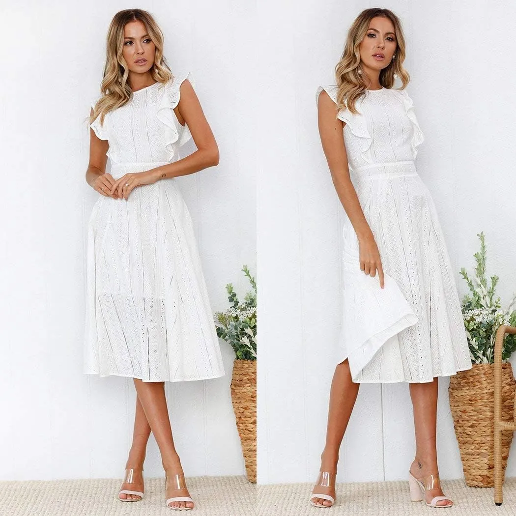 ECOWISH Women's Summer Dresses 2025 Elegant Lady Wedding Guest Cocktail Ruffle Cap Sleeves A-Line Office Midi Dress