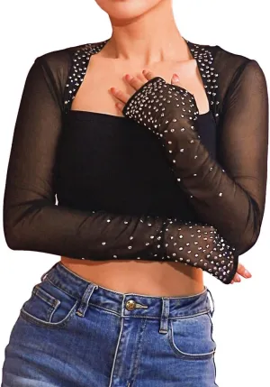 Edary Women's Long Sleeve Shrug Black Open Front Bolero Shrug with Finger Hole Casual Arm Sleeve Crop Cardigan