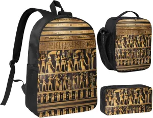 Egypts Hieroglyphics print 3 Piece Backpack Bags with Lunch Box Pencil Case Set for Travel Work Camping Unisex