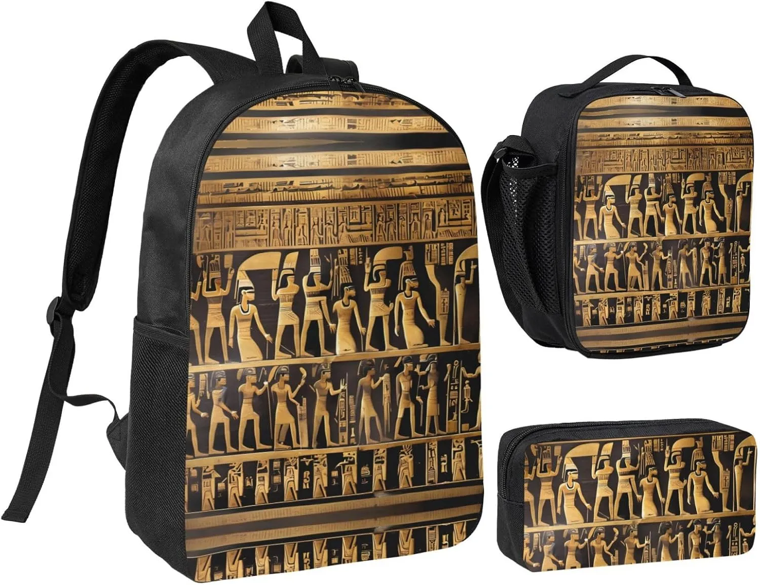 Egypts Hieroglyphics print 3 Piece Backpack Bags with Lunch Box Pencil Case Set for Travel Work Camping Unisex