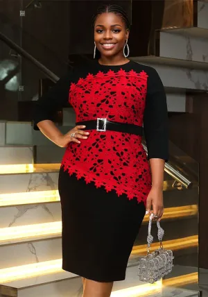 Elegant Belted Lace Patchwork Dress with Three-Quarter Sleeves