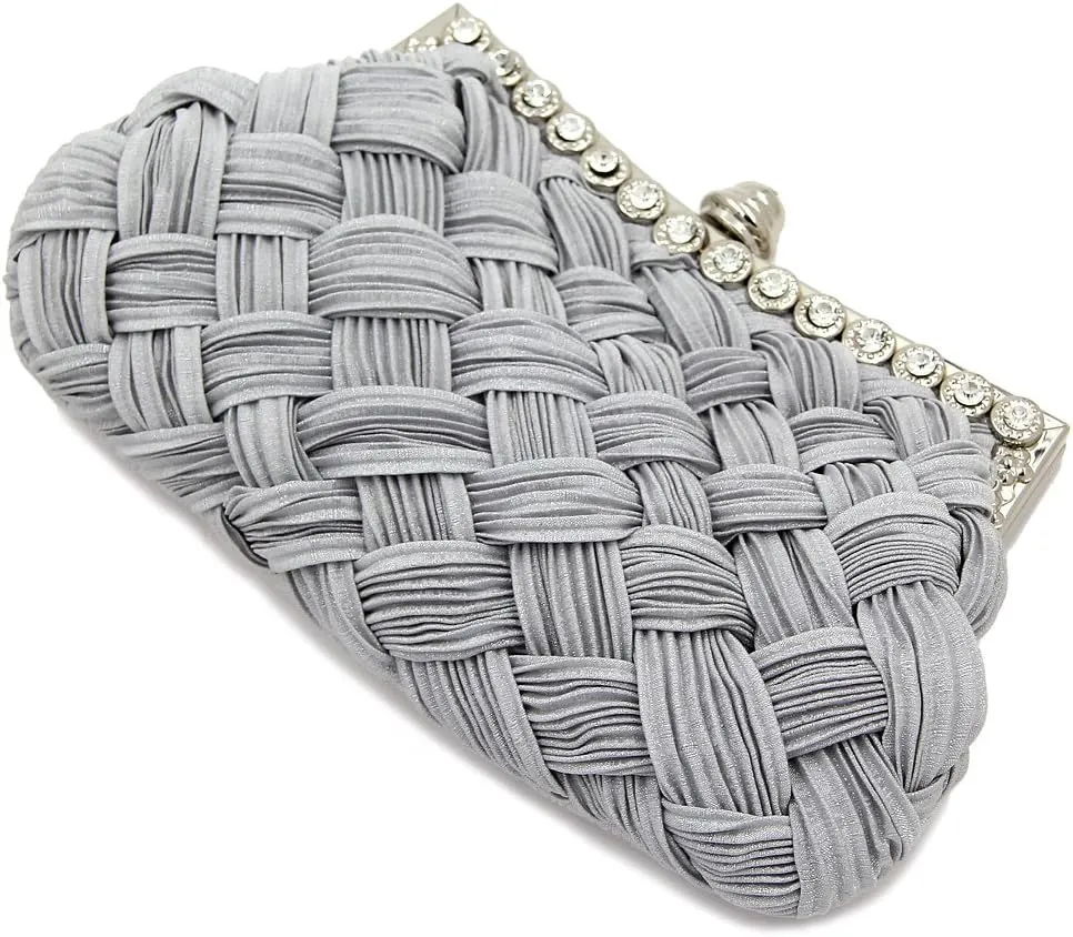 Elegant Braided Pleated Glitter Rhinestone Clutch Evening Bag - Diff Colors