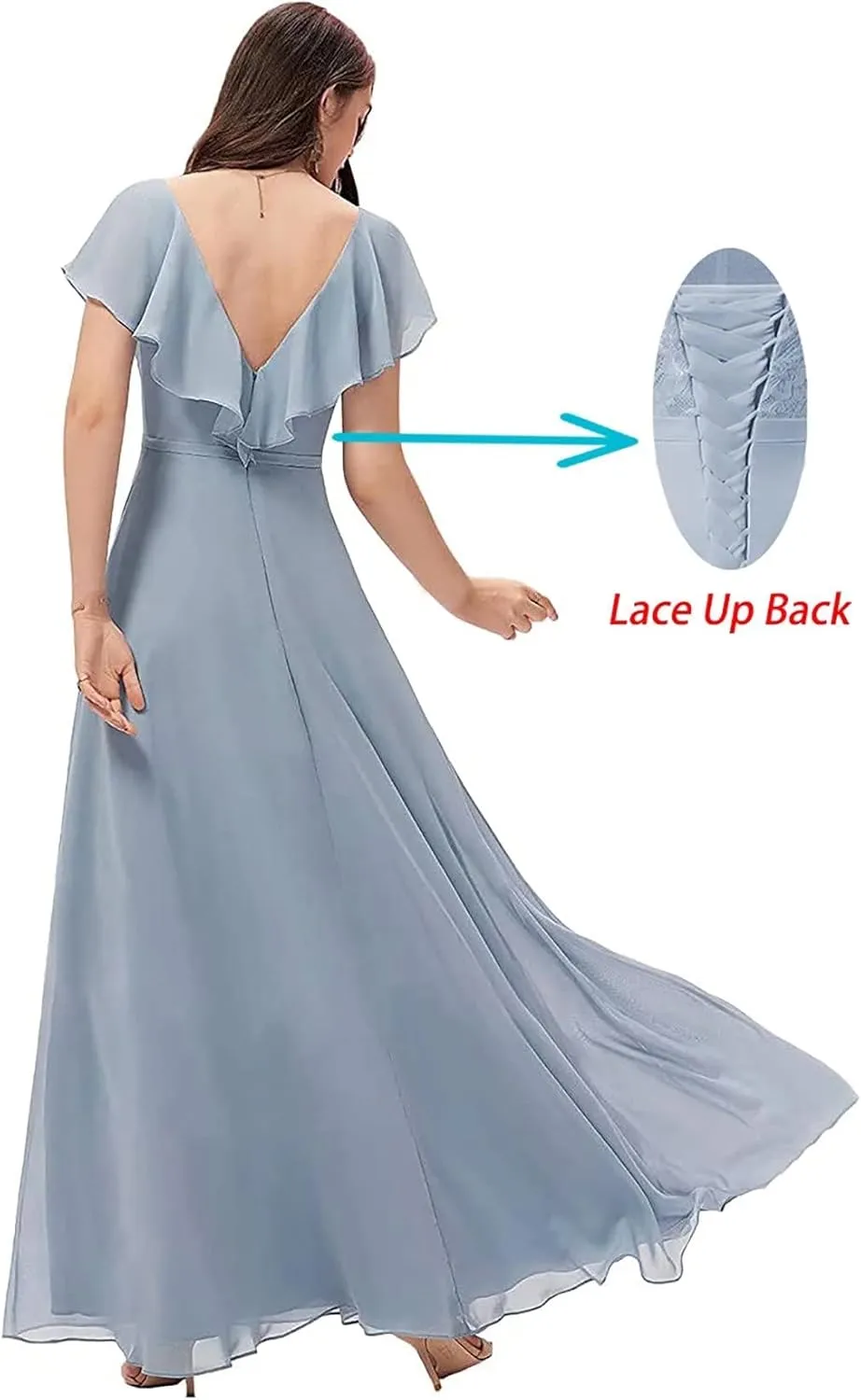 Elegant Chiffon Bridesmaid Dress Ruffle Sleeves V-Neck Slit Long Evening Gown Backless Formal Party Dress