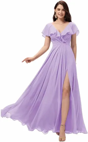 Elegant Chiffon Bridesmaid Dress Ruffle Sleeves V-Neck Slit Long Evening Gown Backless Formal Party Dress