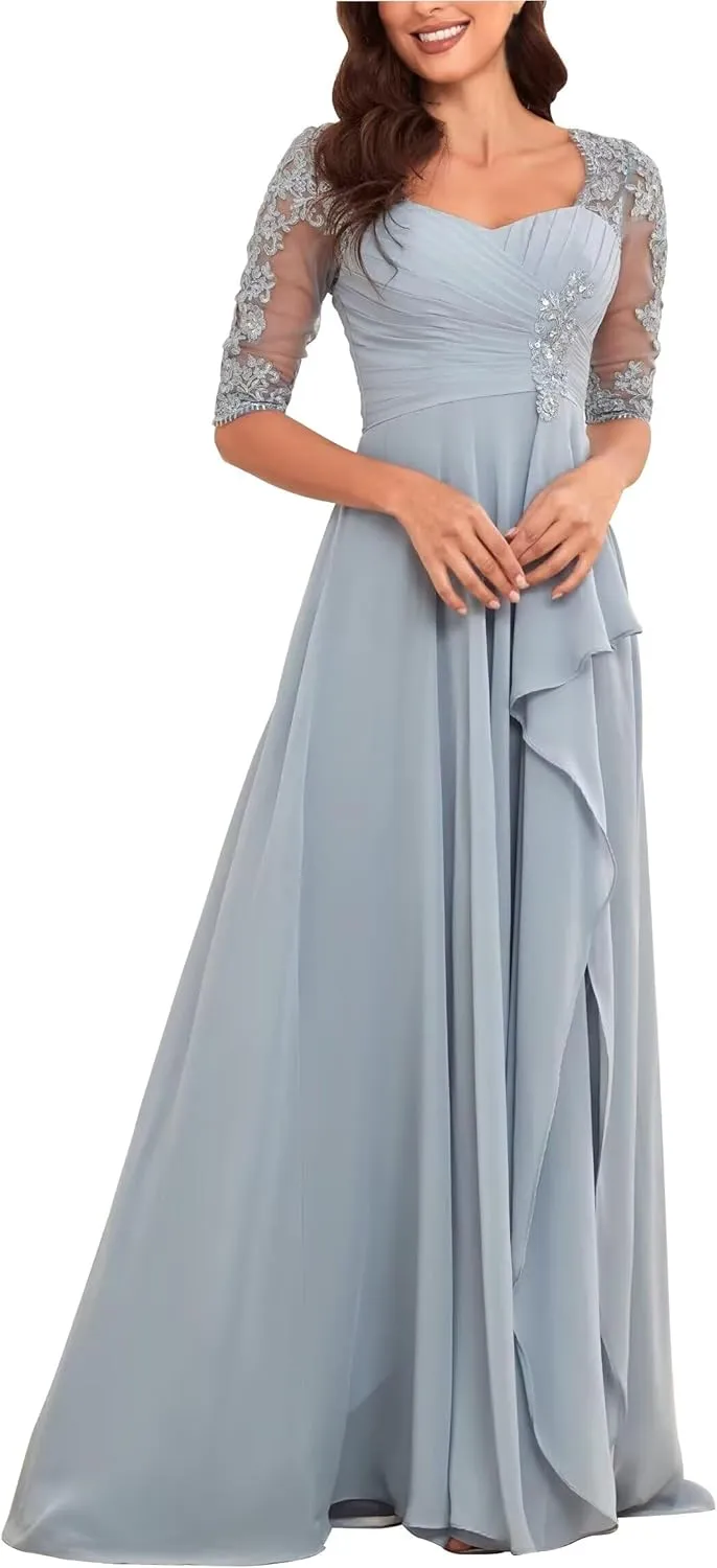 Elegant Floor Length Mother of The Bride Dresses for Wedding Chiffon Half Sleeve Lace Applique Formal Evening Dress