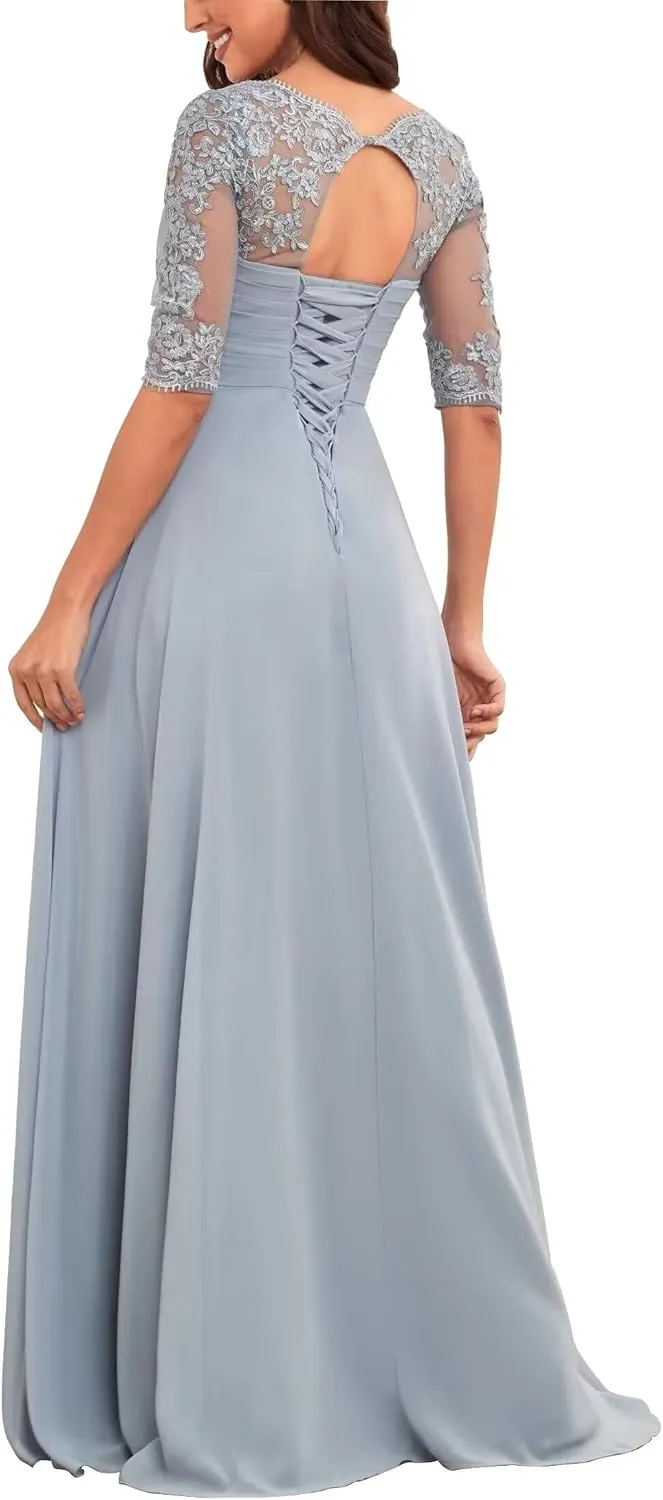 Elegant Floor Length Mother of The Bride Dresses for Wedding Chiffon Half Sleeve Lace Applique Formal Evening Dress