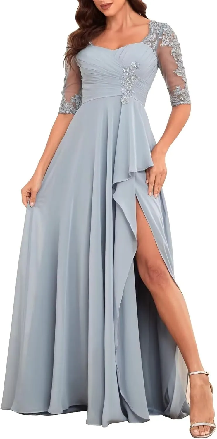 Elegant Floor Length Mother of The Bride Dresses for Wedding Chiffon Half Sleeve Lace Applique Formal Evening Dress