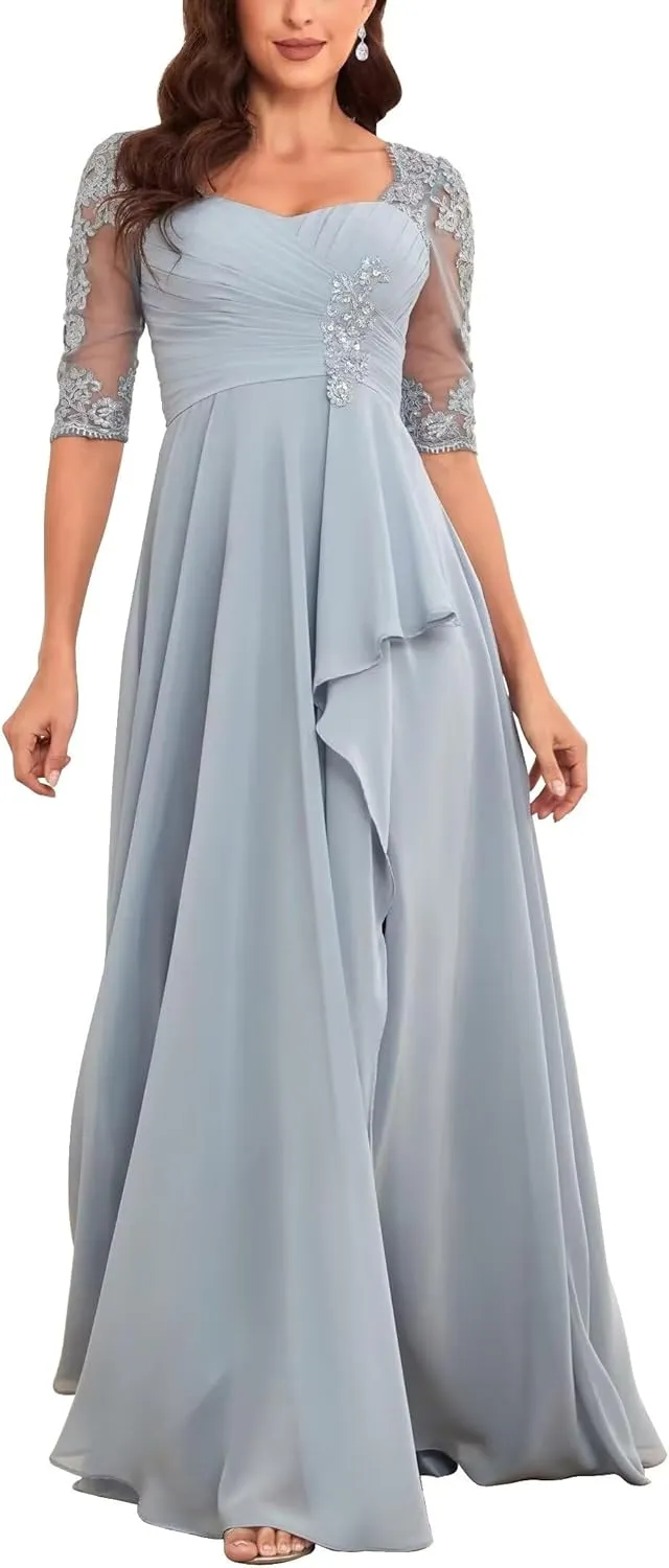 Elegant Floor Length Mother of The Bride Dresses for Wedding Chiffon Half Sleeve Lace Applique Formal Evening Dress
