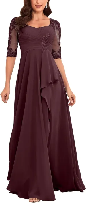 Elegant Floor Length Mother of The Bride Dresses for Wedding Chiffon Half Sleeve Lace Applique Formal Evening Dress