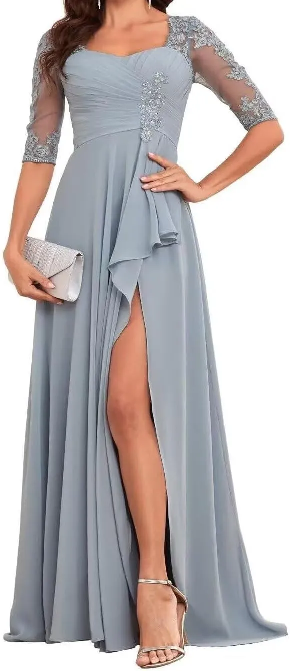 Elegant Floor Length Mother of The Bride Dresses for Wedding Chiffon Half Sleeve Lace Applique Formal Evening Dress