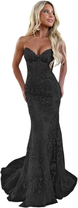 Elegant Lace Prom Dresses Long Strapless Corset Formal Evening Dress for Women Ball Gown Party RO119