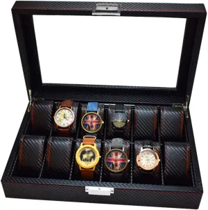 Elegant Large Watch Box Organizer for Men Women with 12 Slots, Transparent top, Portable Leather Watch Holder Mens Watches Case Storage Best Gift for The Husband, (Black,32x 21 x 8cm)