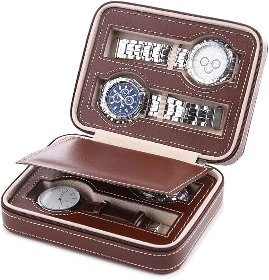 Elegant Large Watch Box Organizer for Men Women with 4 Slots, Transparent top, Portable Leather Watch Holder Mens Watches Case Storage Best Gift for The Husband, (Black,20.5X 10.5 x 8cm)